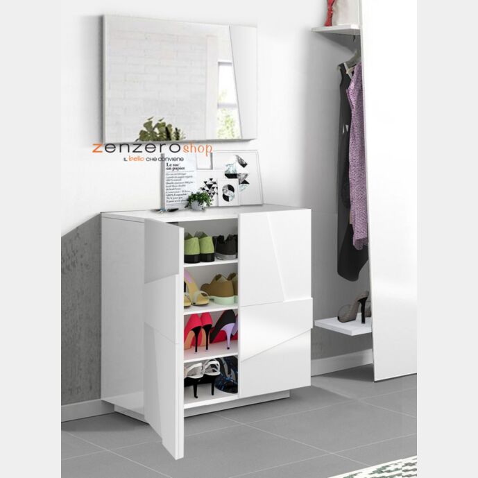 Scarpiera a 2 ante con disegni geometrici in finitura Bianco lucido