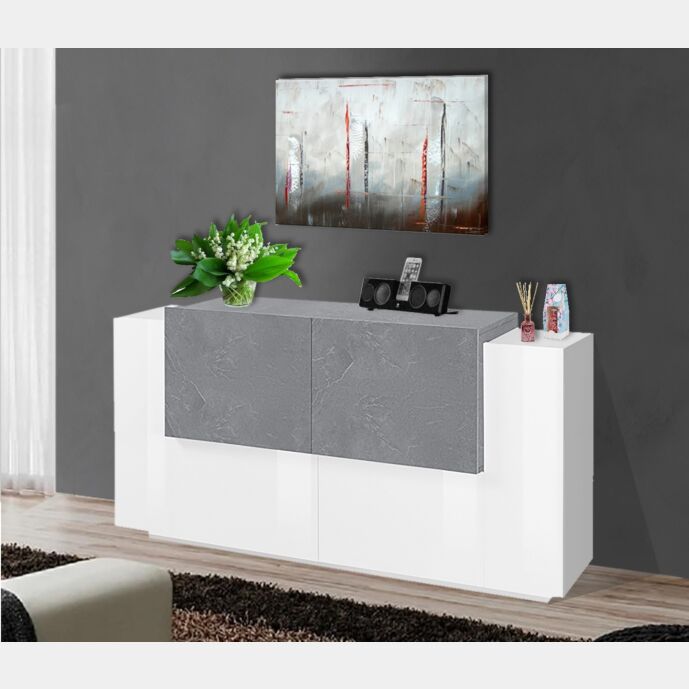 Credenza moderna Bianca lucido e Ardesia, 4 ante