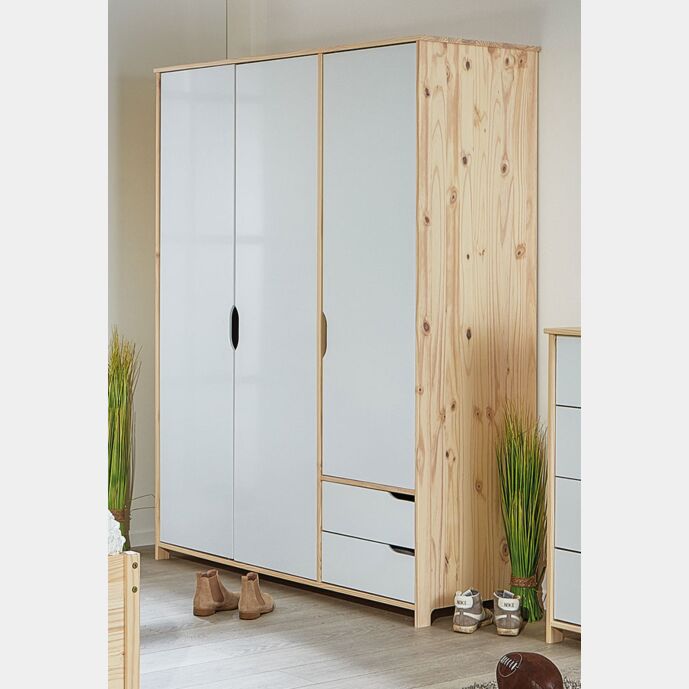 Armadio a 3 ante e 2 cassetti in finitura bianco e legno naturale