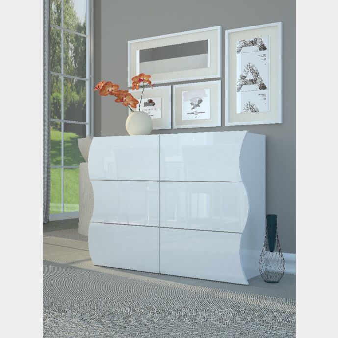 Madia/ Comò 6 cassetti sagomati in finitura bianco laccato lucido, linea onda