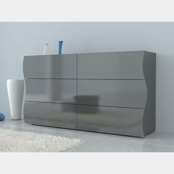 Comò 6 cassetti sagomati in finitura antracite laccato lucido, linea onda