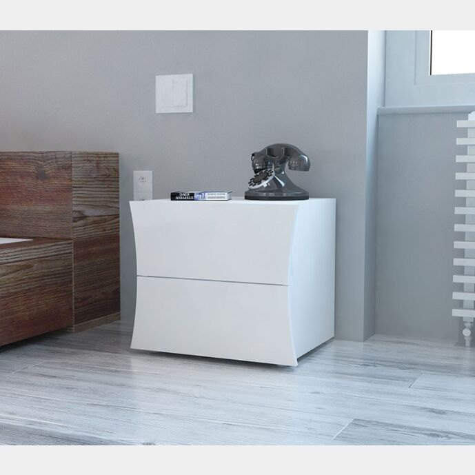Comodino di design a 2 cassetti sagomati, bianco lucido, linea arco