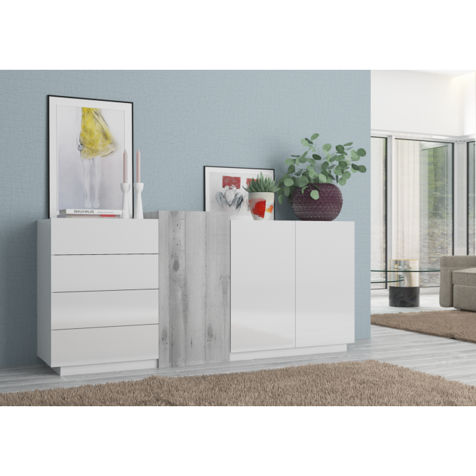 Conveniente Madia 2 ante e 4 cassetti, finitura Bianco lucido e Cemento