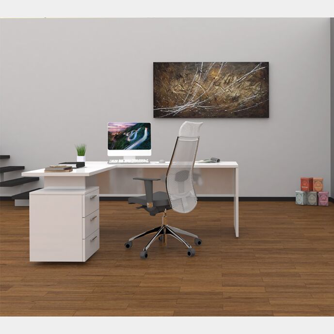 Scrivania moderna ad angolo con cassettiera in finitura Bianco lucido