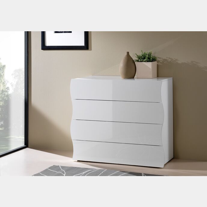 Cassettiera, Comò moderno a 4 cassetti sagomati, linea onda