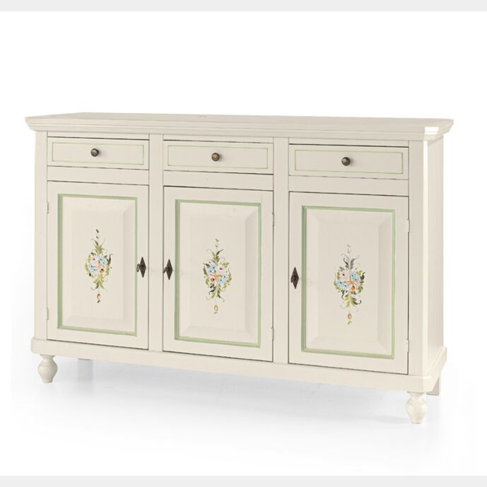 Credenza in legno, bianco opaco con decori, arte povera - cm 150x43