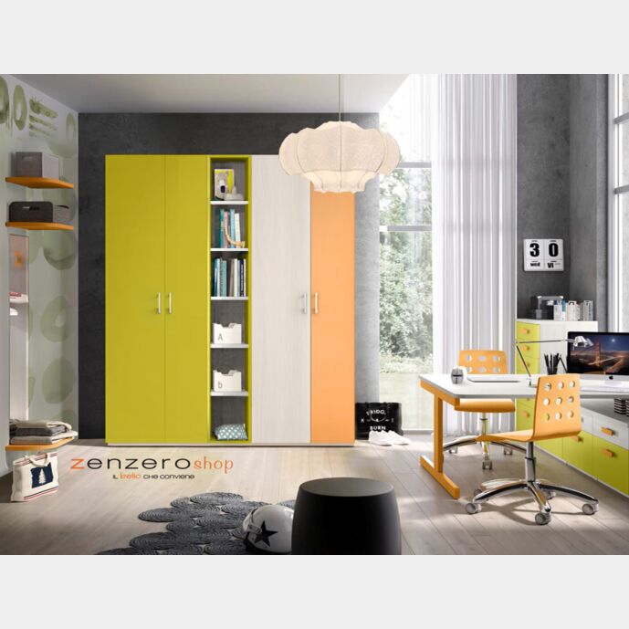 Armadio H.195 con 4 ante battenti e libreria centrale in Olmo, Arancio e Lime LACCATI Zenzero Shop