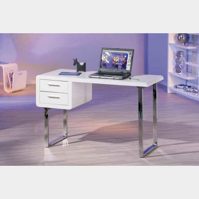 Scrivania da ufficio bianco lucido, con 2 cassetti, gambe in metallo