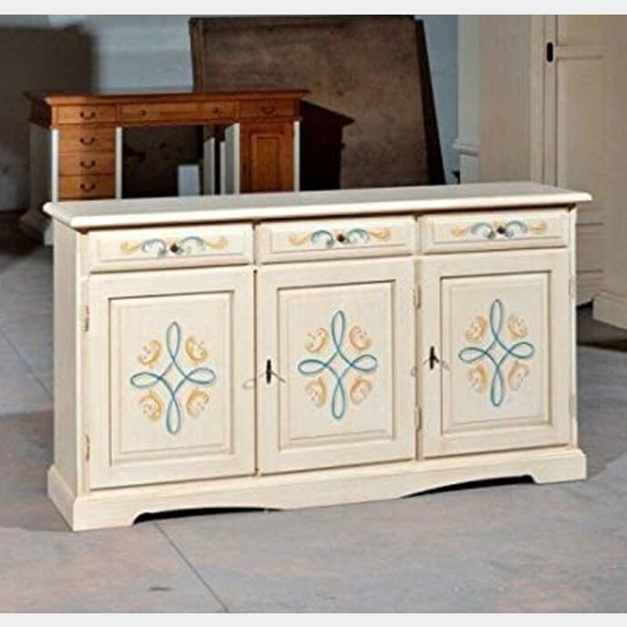Credenza in legno finitura avorio pennellato con decori, con 3 porte e 3 cassetti 156x86