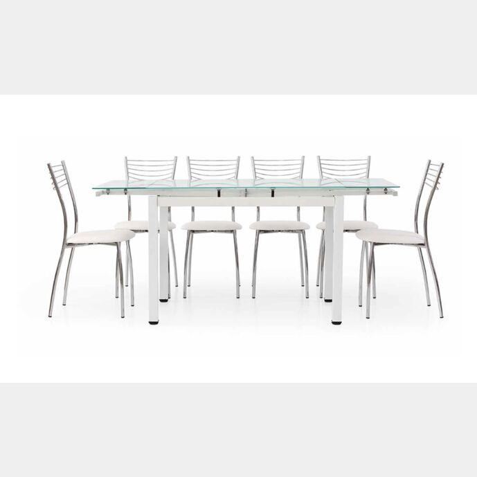 Tavolo allungabile, struttura in metallo bianco e piano in vetro, con apertura laterale