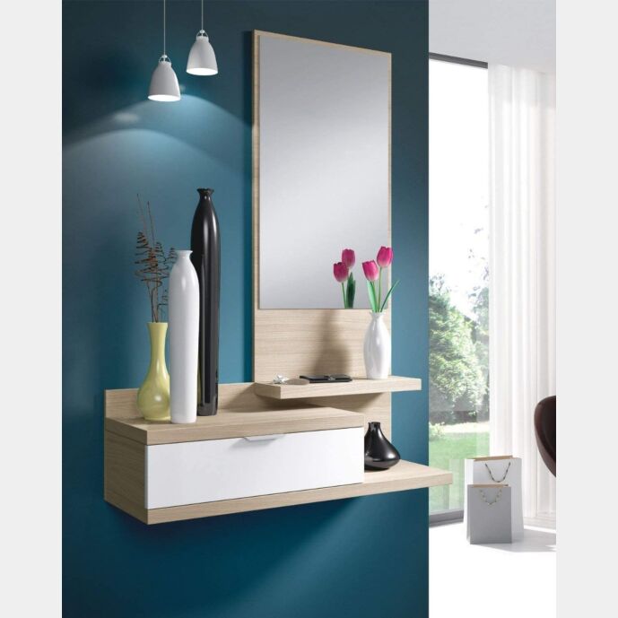 Mobili da ingresso con specchio e cassetto bianco lucido e rovere chiaro