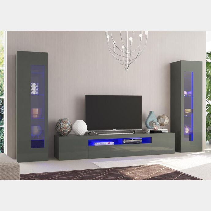 Soggiorno con 2 vetrine e una base porta Tv in finitura Antracite lucido