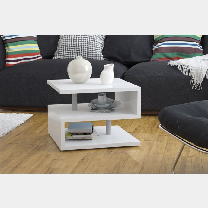 Tavolino moderno a forma di S in finitura bianco lucido