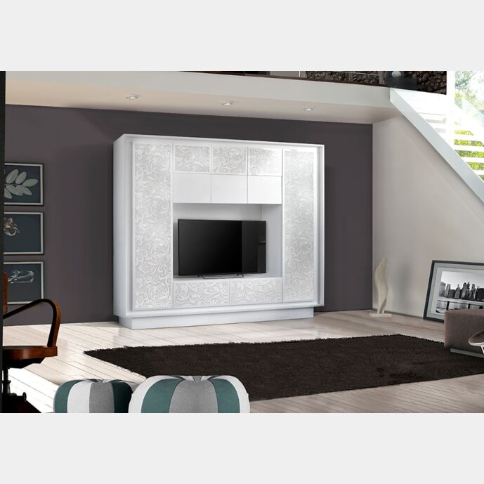 Parete attrezzata Bianco Opaco con Serigrafia Floreale