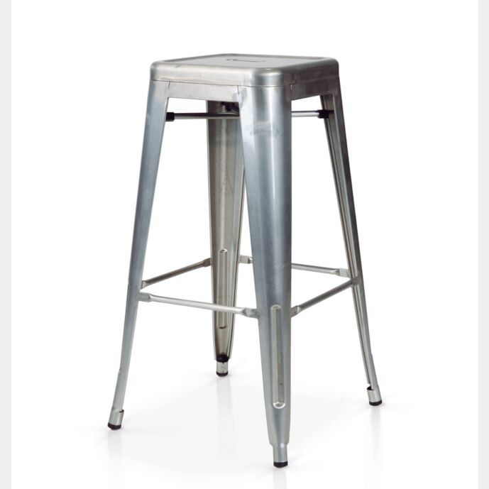 Sgabello alto in lamiera, colore argento. Stile Industry