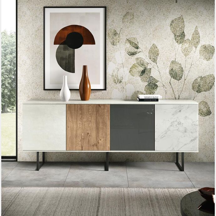 Madia Fiamma moderna in finitura Bianco Calce,Rovere nordico, Vetro antracite e Vetro marmo white