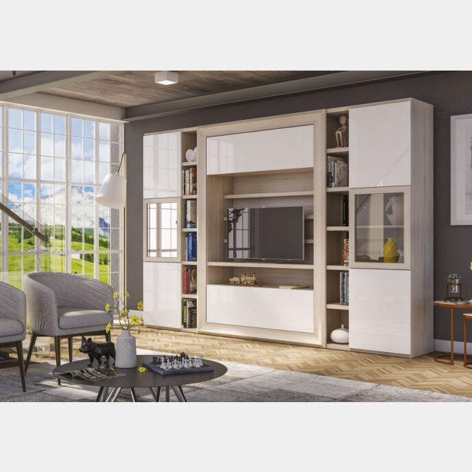 Parete attrezzata di grandi dimensioni, finitura Olmo Perla e Bianco Lucido, con antine centrali in vetro, made in Italy