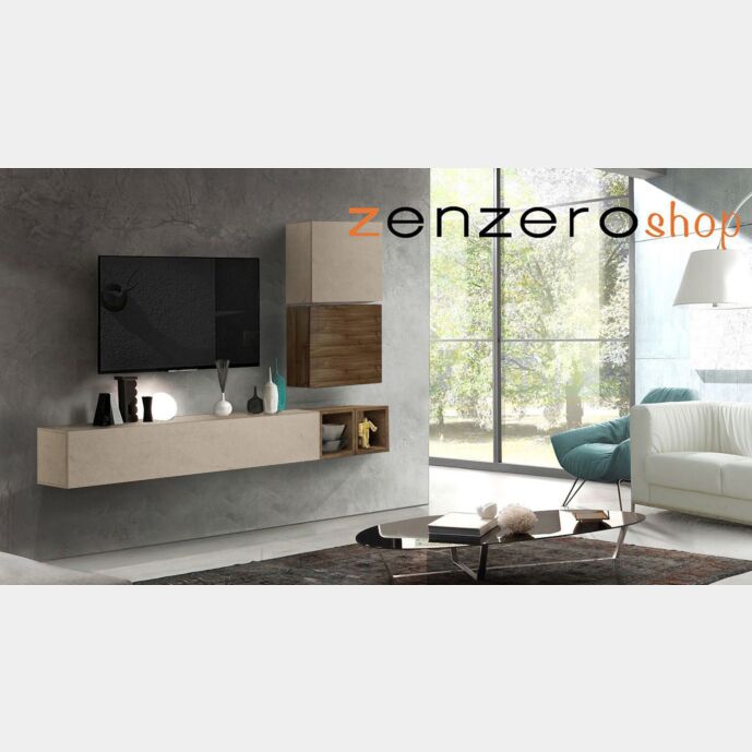 Soggiorno Zenzero moderno, parete attrezzata moderna con pensili in finitura, Mercure, Noce Dark e Argilla