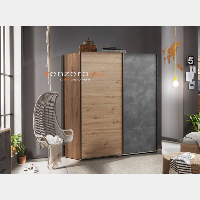 Armadio industry con 2 ante scorrevoli, finitura Rovere e Grigio smoke Zenzero Shop