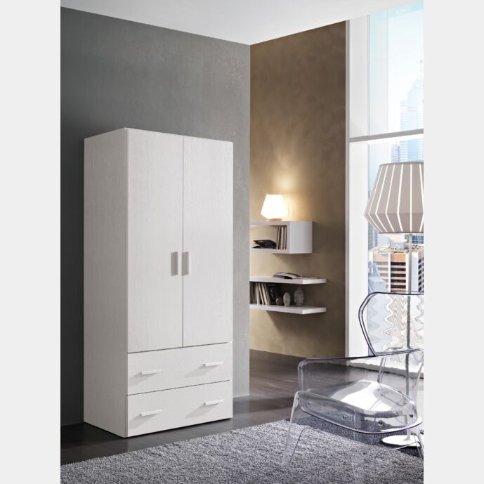Armadio multiuso H.185 con 2 ante e 2 cassetti in finitura Bianco frassinato