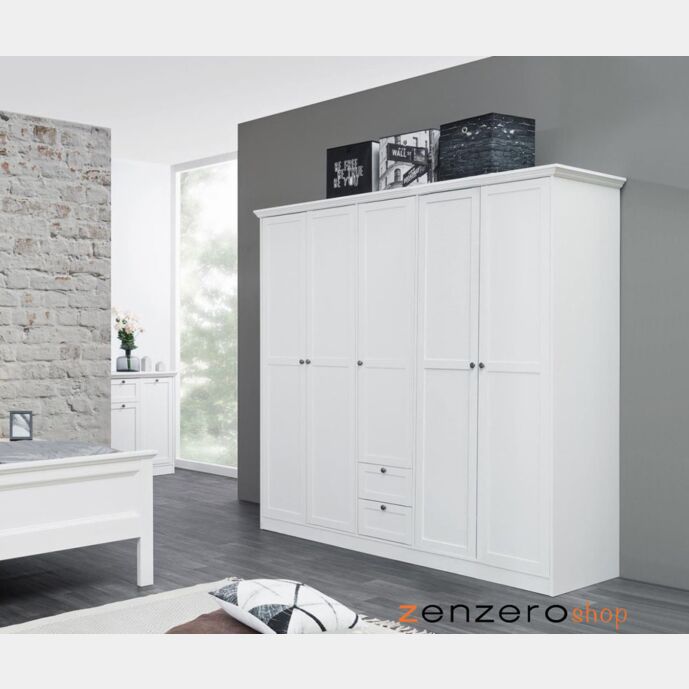 Armadio battente di design con 5 ante e 2 cassetti, finitura bianca Zenzero Shop