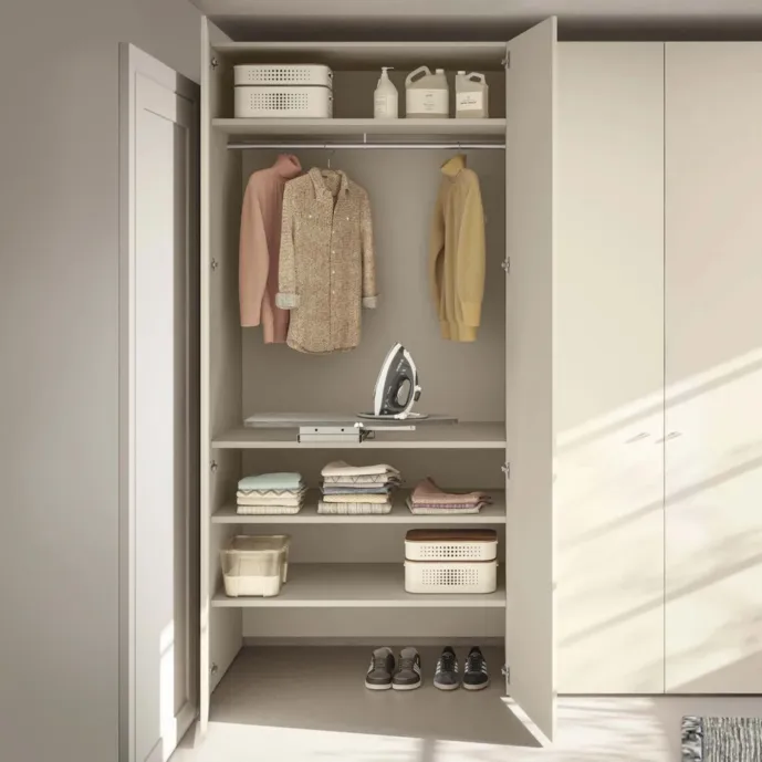 Armadio lavanderia a 2 ante, L.90 H.194, Bianco opaco e Desert