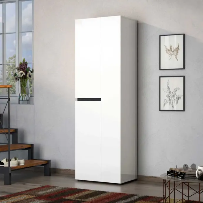 Scarpiera moderna bianca lucida, 3 ante e 5 ripiani