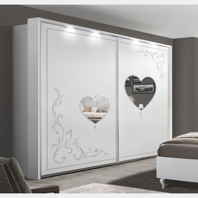 Armadio 2 ante scorrevoli con specchi a cuore e serigrafie in finitura Bianco  Zenzero Shop