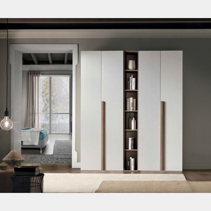 Armadio scontato 4 ante battenti con libreria, finitura Noce bianco
