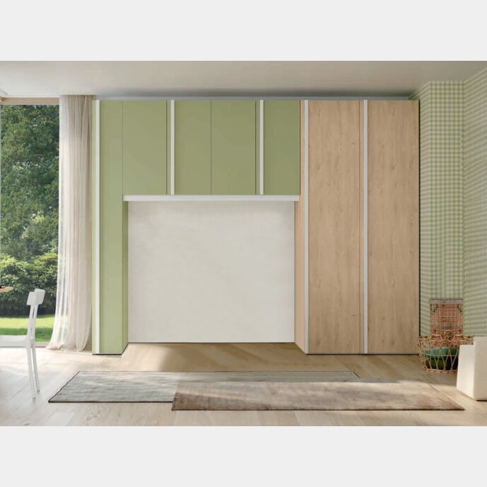 Armadio a ponte per camerette, finitura Royal oak, Cemento artico e Oliva