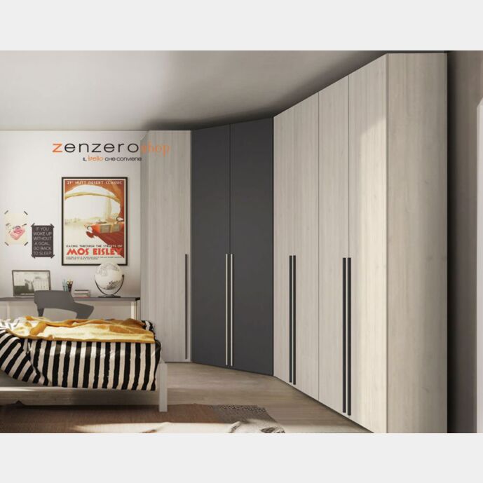 Armadio moderno ad angolo con 7 ante in finitura Noce brina e Grigio titanio