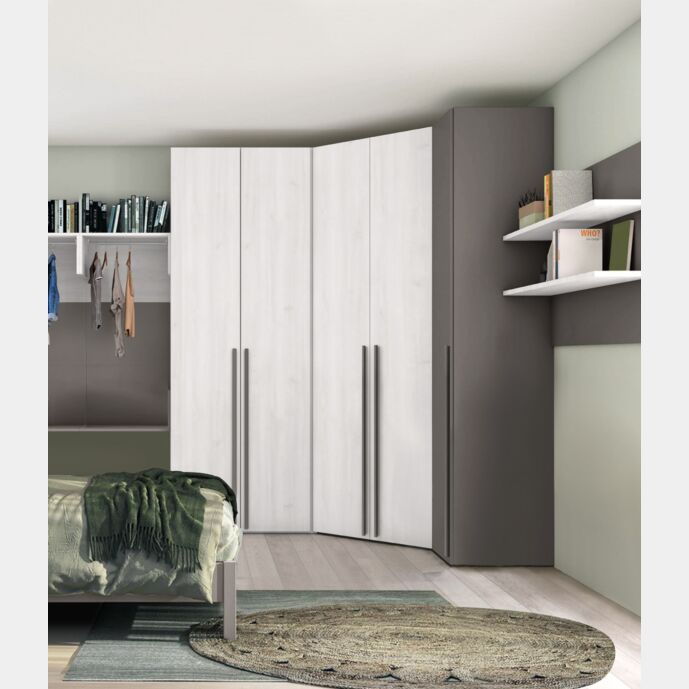 Armadio ad angolo per camerette in finitura Rovere bianco e Grigio Titanio