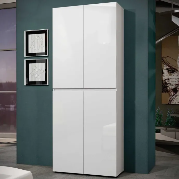 Armadio multiuso 4 ante minimal Bianco lucido, Made in Italy