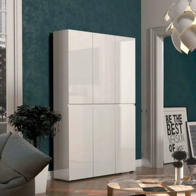 Scarpiera alta a 6 ante moderna Bianco lucido, Made in Italy