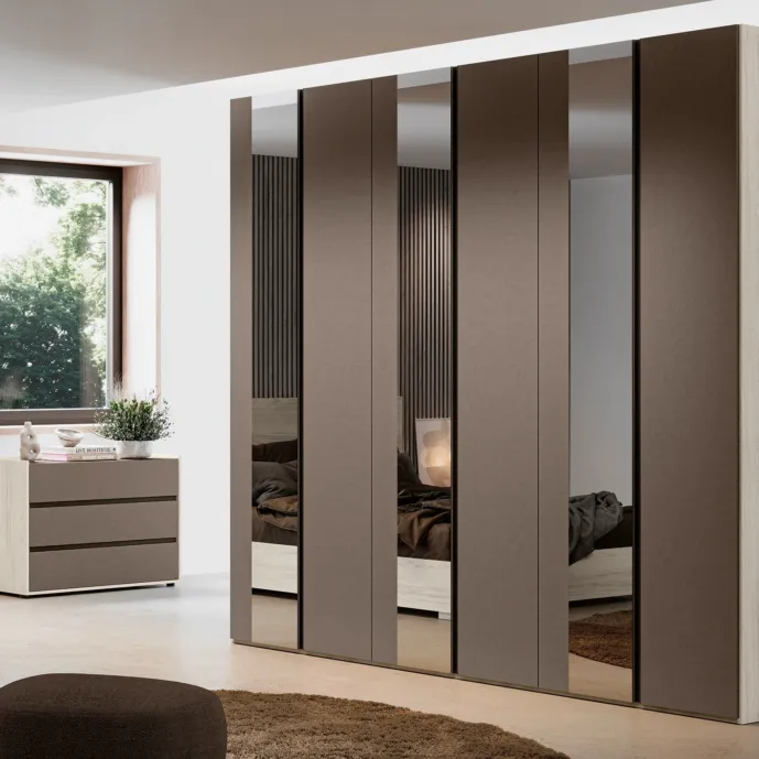 Armadio moderno 6 ante battenti, Bianco altea e Bronzo, con specchi