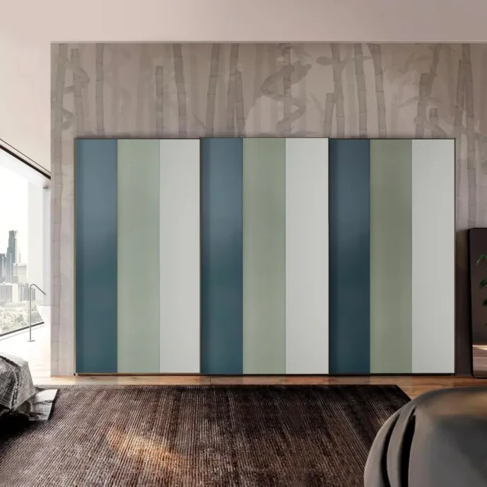 Armadio 3 ante scorrevoli, L.412 H.256, Petrolio, Agave e Grigio seta Zenzero Shop