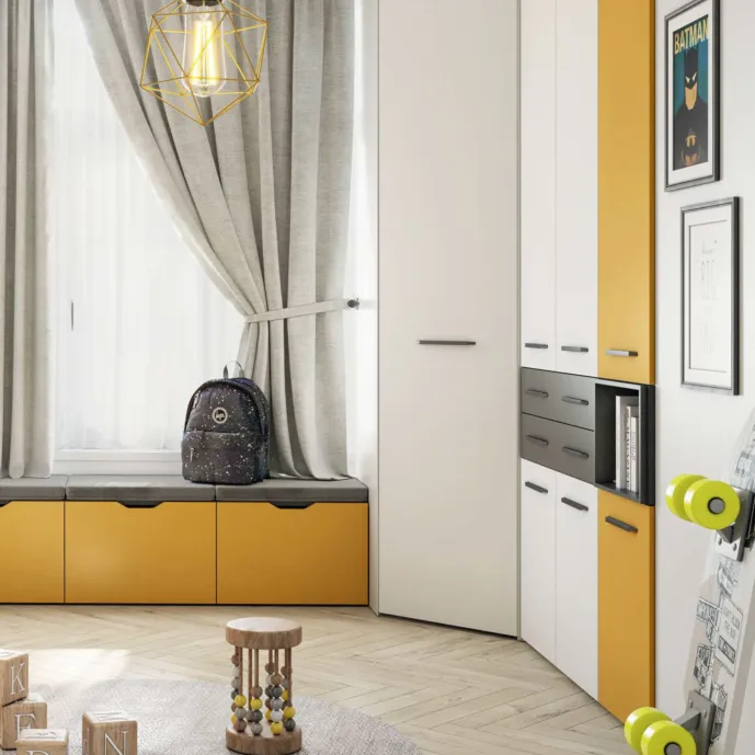 Armadio con cabina e cassetti, finitura Bianco luce, Antracite e Ocra Zenzero Shop