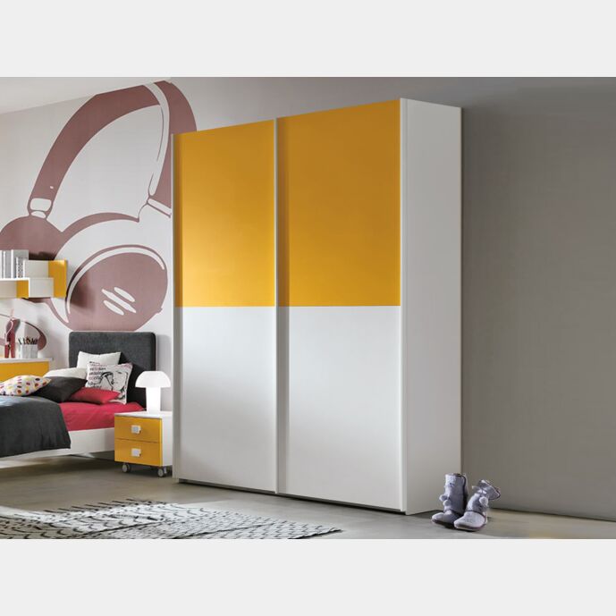 Armadio 2 ante scorrevoli per camerette, Girasole e Bianco frassino