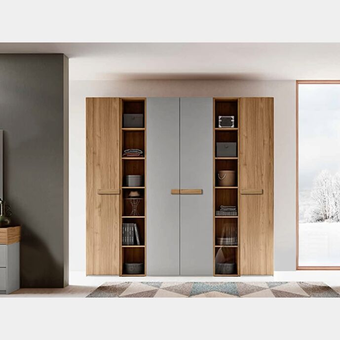 Armadio battente con 2 librerie, Grigio argento e Noce biondo