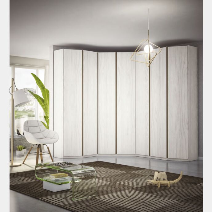 Armadio ad angolo 7 ante, finitura Olmo Bianco, made in Italy
