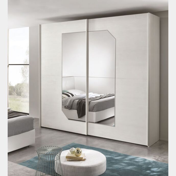 Armadio 2 ante scorrevoli con specchio sagomato, finitura Olmo Bianco
