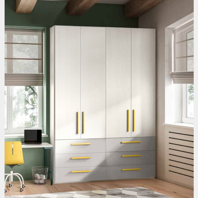 Armadio scontato per camerette in finitura Bianco larice, Grigio seta e Giallo grano
