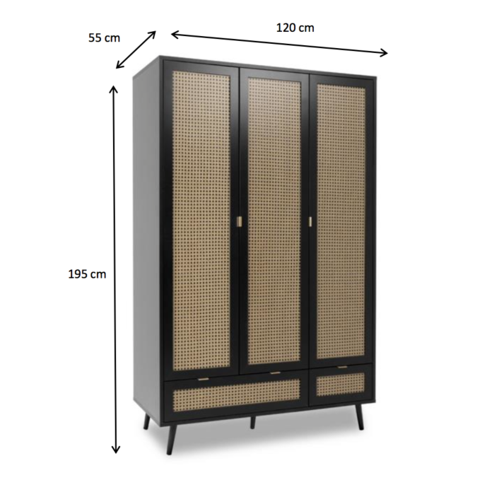 Armadio nero a 3 ante battenti e 2 cassetti, dettagli finitura Oro