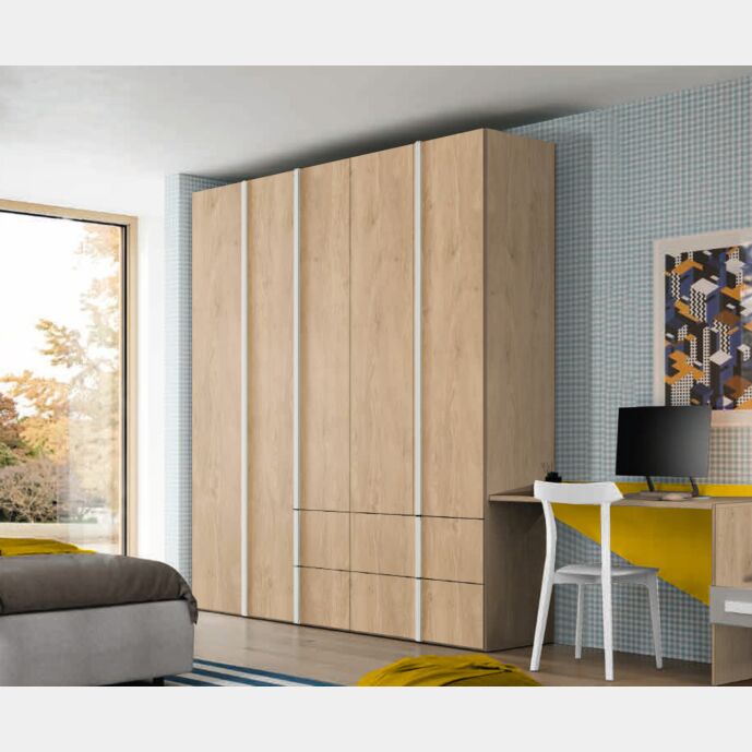 Armadio Royal oak e Bianco opaco per camerette, 5 ante e 4 cassetti