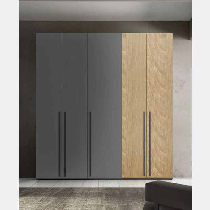 Armadio moderno L.241 H.225 a 5 ante battenti, finiture Royal Oak e Grigio Titanio