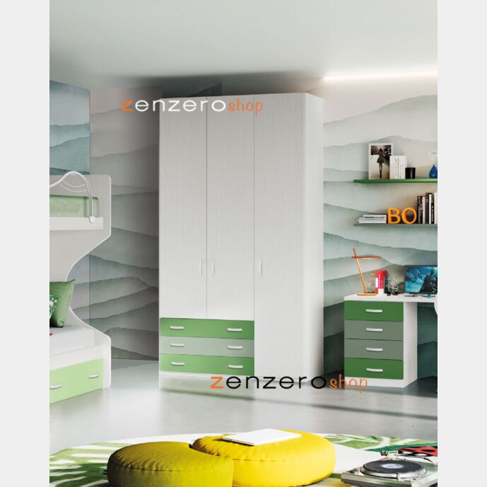 Armadio per camerette a 3 ante e 3 cassetti, finitura Giada, Salvia e Frassino