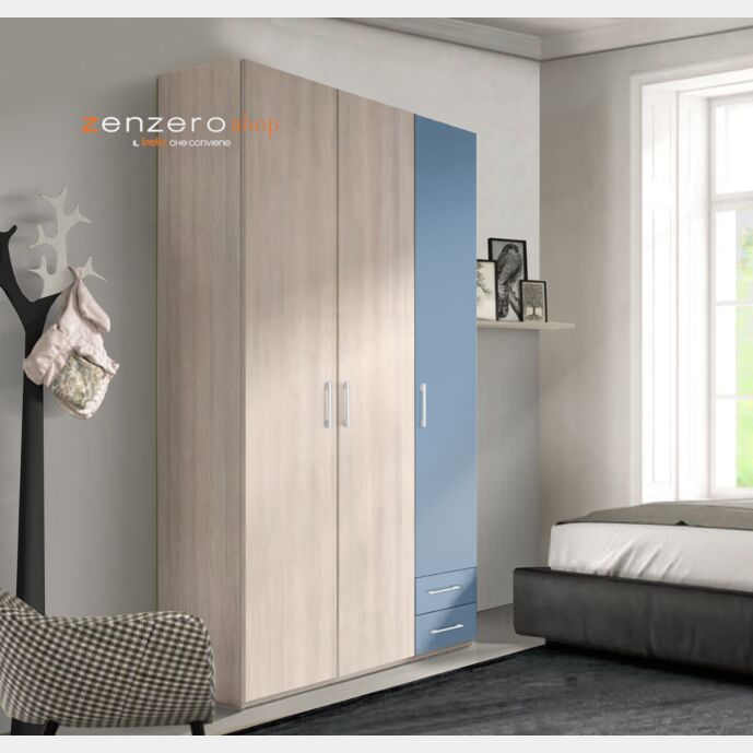 Armadio H.195 da cameretta con 3 ante battenti e 2 cassetti in finitura LACCATO