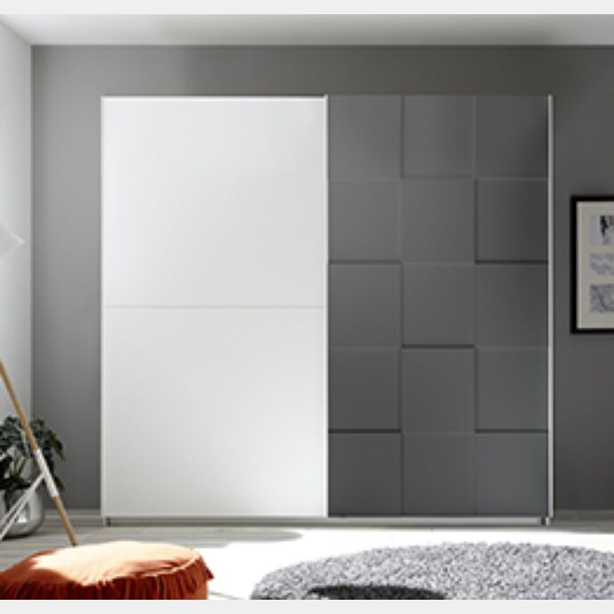 Armadio moderno 2 ante scorrevoli con forme geometriche, 220x210, bianco opaco e grigio opaco