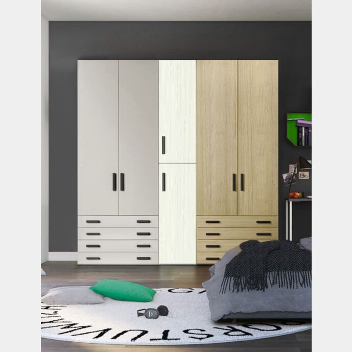 Armadio moderno L.226 a 6 ante e 8 cassetti H.257, finiture Rovere bianco, Royal Oak e Grigio Dorian
