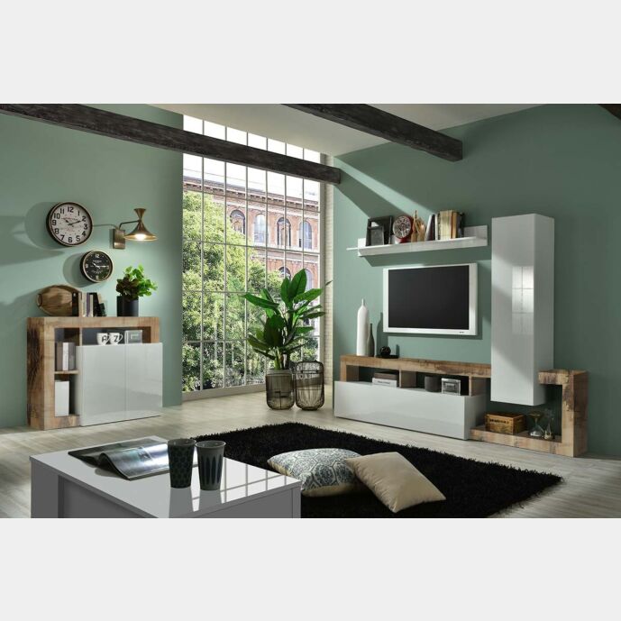 Soggiorno moderno di design composto da parete attrezzata e madia a 2 ante in finitura bianco e Pero Zenzero Shop